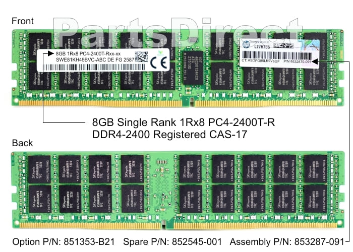 851353-B21 HP DL60 G9 8 ГБ одноранговой памяти PC4-2400T DDR4 SDRAM DIMM Kit (1x8 ГБ)