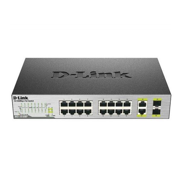 Коммутатор D-Link DES-1018MP/E, Неуправляемый с 16 портами 10/100BASE-TX PoE, 2 комбо-портами 10/100/1000BASE-T/SFP