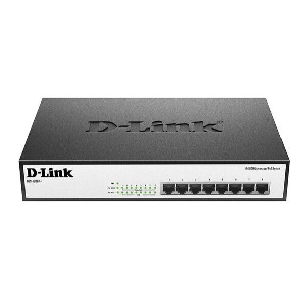 D-Link DES-1008P+ - неуправляемый коммутатор с 8 портами 10/100Base-TX, PoE-бюджет 140 Вт