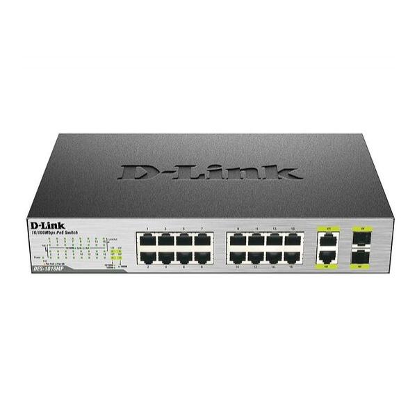 D-Link DES-1018MP Неуправляемый коммутатор с 16 портами 10/100Base-TX, 2 комбо-портами 100/1000Base-T/SFP 16 портов PoE 802.3af 246,4 Вт