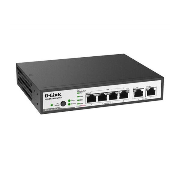 D-Link DES-1100-06MP Настраиваемый L2 коммутатор с 4 портами 100 Мбит и 1 портом 1000 Мбит, поддержка PoE