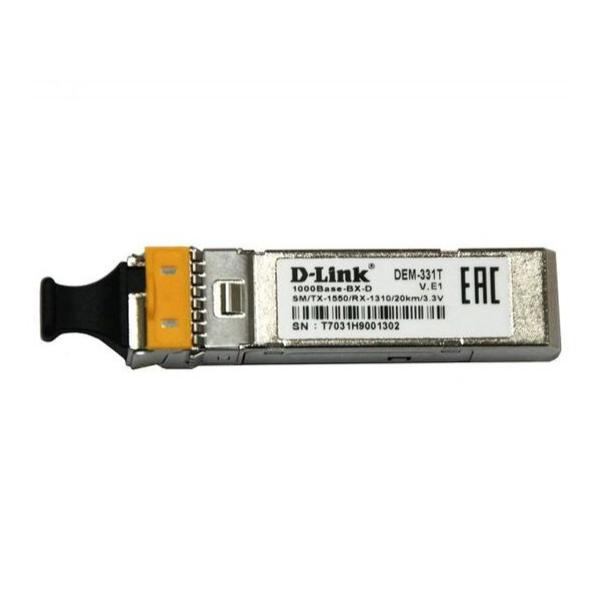 D-Link 331T WDM SFP-трансивер с 1 портом 1000Base-BX-D (Tx:1550 нм, Rx:1310 нм) для одномодового оптического кабеля до 20 км