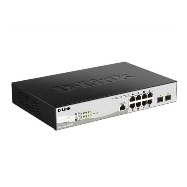 Управляемый L2 коммутатор D-Link DGS-1210-10P/ME с 8 портами 10/100/1000Base-T и 2 портами 1000Base-X SFP, 8 портов PoE 802.3af/at, PoE-бюджет 78 Вт