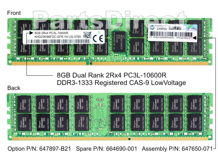 647897-B21 HP DL160 G8 8 ГБ двухранговой памяти PC3L-10600R DDR3 Registered LV Memory Kit (1 x 8 ГБ)