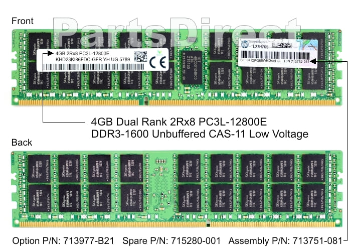 713977-B21 HP DL360p G8 4 ГБ двухранговой памяти PC3L-12800E DDR3 SDRAM DIMM LV (1 x 4 ГБ)