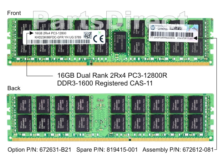 672631-B21 HP DL160 G8 16 ГБ двухранговой памяти PC3-12800R DDR3 Registered Memory Kit (1x16 ГБ)